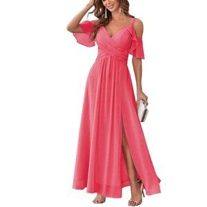 ABC DRESS Flutter-Sleeve Chiffon Formal Gown Maxi-Dress, Coral Pink